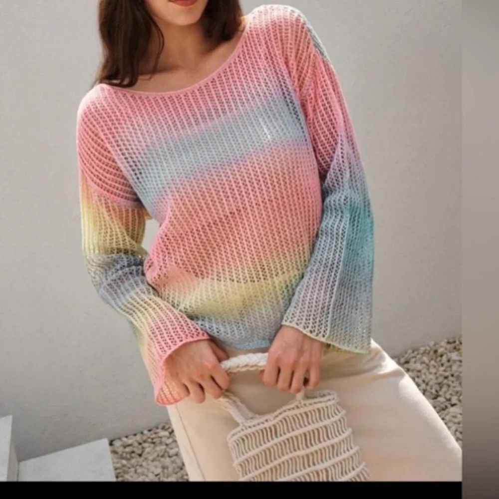 SHEIN VCAY Ombre Drop Shoulder Pointelle Knit Sweater Without Cami Top s… - Picture 7 of 13